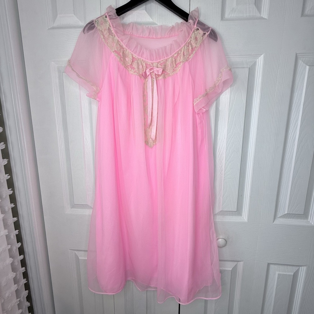Vtg 1960s Stardust Pink Chiffon Babydoll Nightgown Lace Coquette 42 Large USA